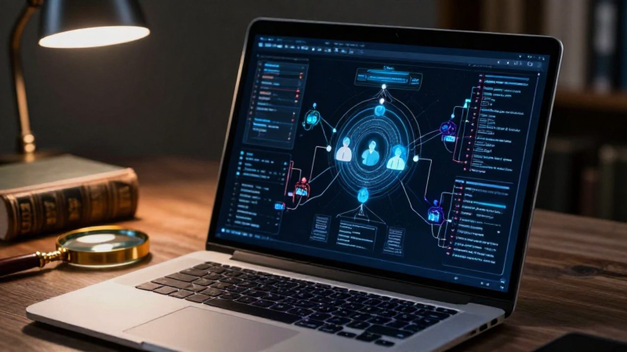 Pantalla de una computadora portátil que muestra un árbol genealógico digital interconectado con nodos brillantes en un escritorio con libros antiguos.