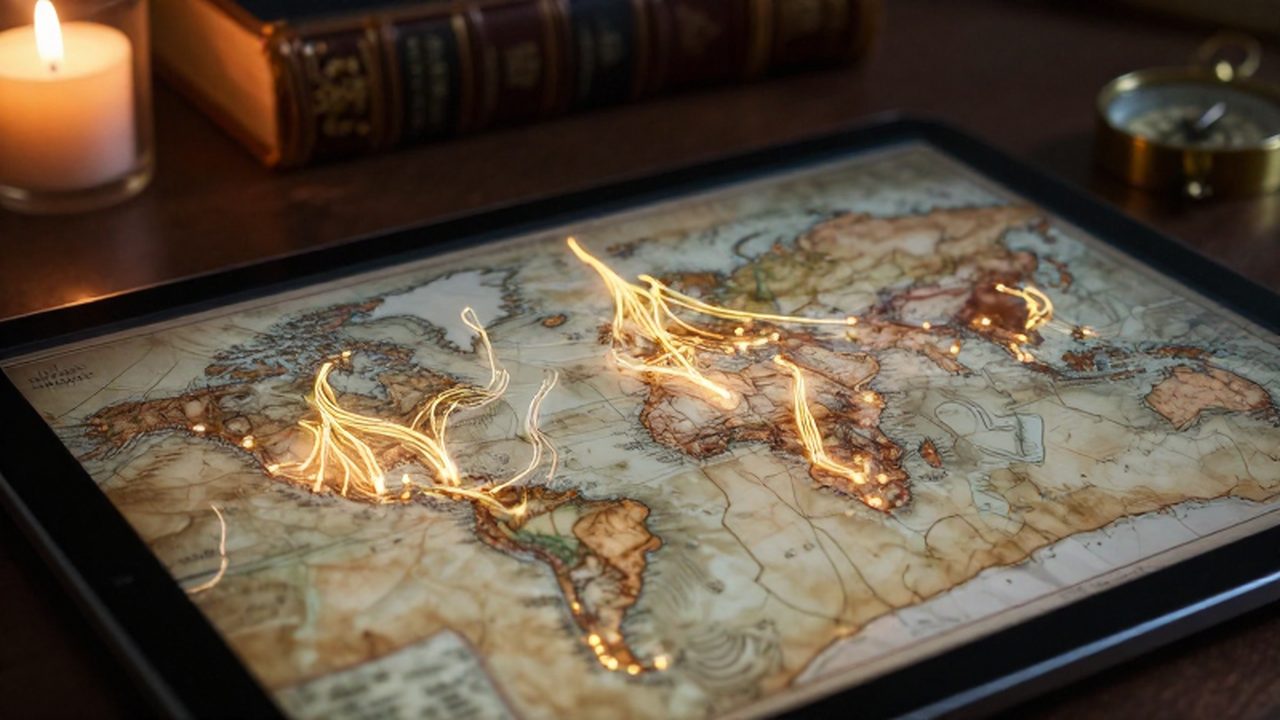 Mapa digital interactivo con rutas migratorias doradas sobre un fondo de pergamino antiguo y libros de historia.