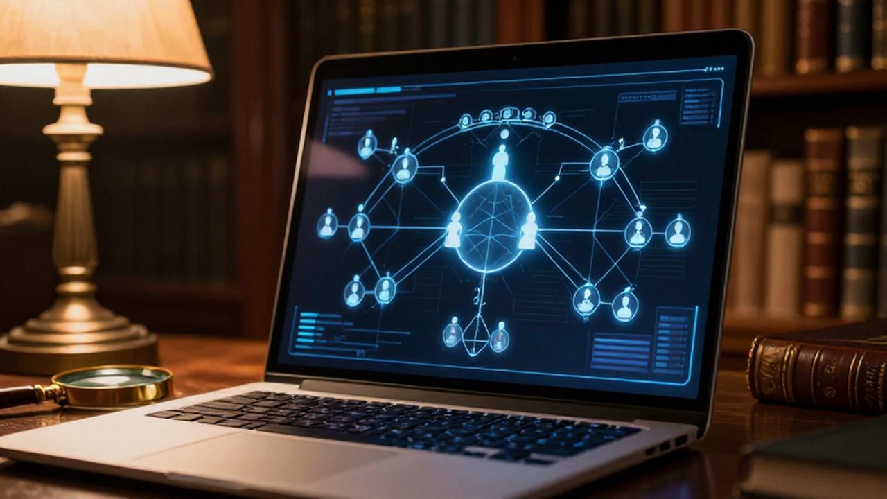 Pantalla de un portátil moderno mostrando un árbol genealógico digital iluminado en una biblioteca clásica con libros antiguos.