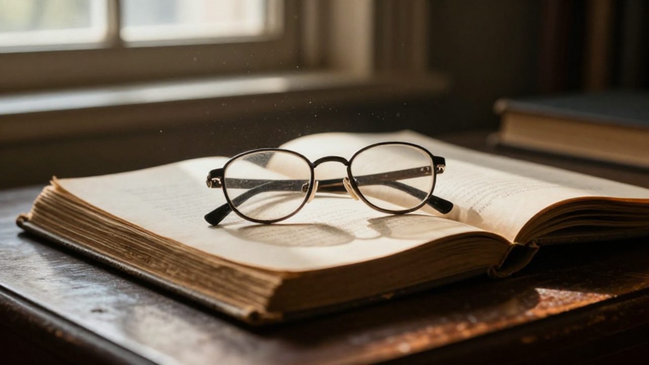 Gafas clásicas sobre un libro antiguo abierto en un escritorio de madera iluminado por la luz del sol.