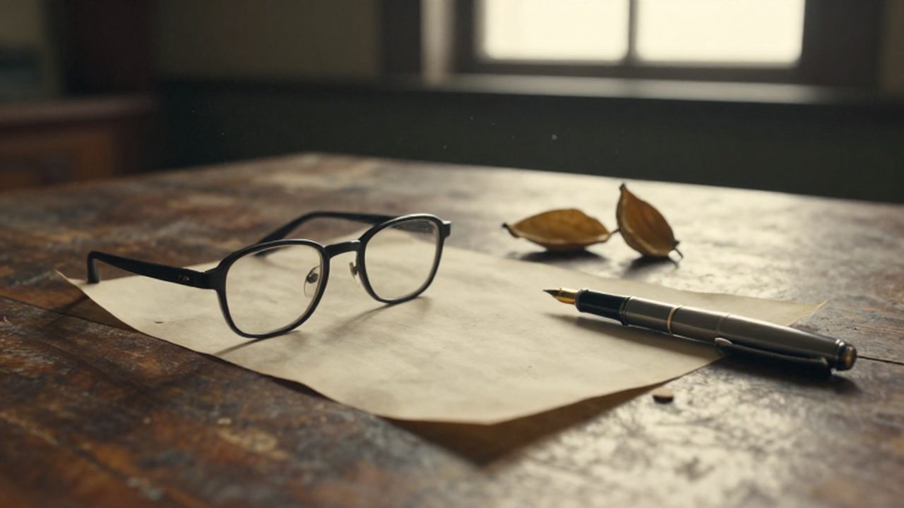 Gafas clásicas y una pluma sobre pergaminos antiguos y pétalos de loto bajo una luz cálida de atardecer.