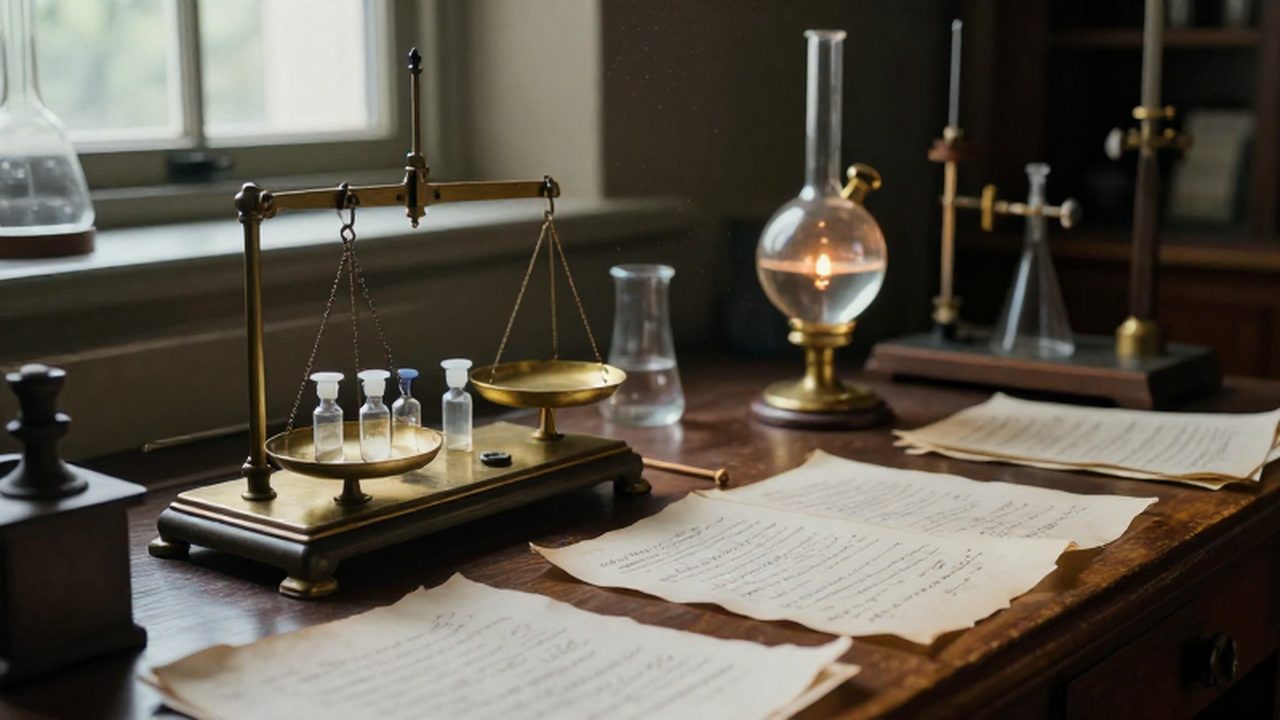 Instrumentos científicos antiguos y manuscritos matemáticos sobre un banco de madera en un laboratorio del siglo dieciocho.
