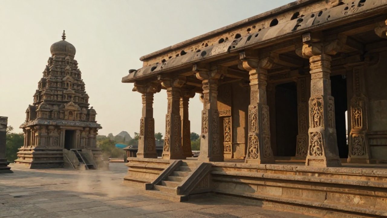 Ruinas de templos y pilares de granito tallados bajo la luz dorada del atardecer en el sitio arqueológico de Hampi.