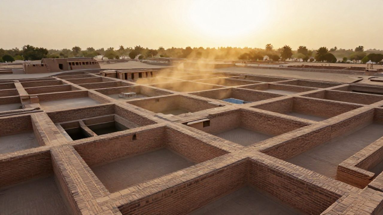 Ruinas arqueológicas de la antigua ciudad de Dholavira con estructuras de ladrillo y sistemas de gestión de agua bajo la luz dorada del atardecer.