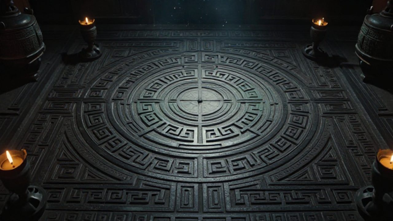 Patrones geométricos sagrados grabados en piedra dentro de una cámara funeraria de la China Imperial con vasijas de bronce iluminadas por luz tenue.
