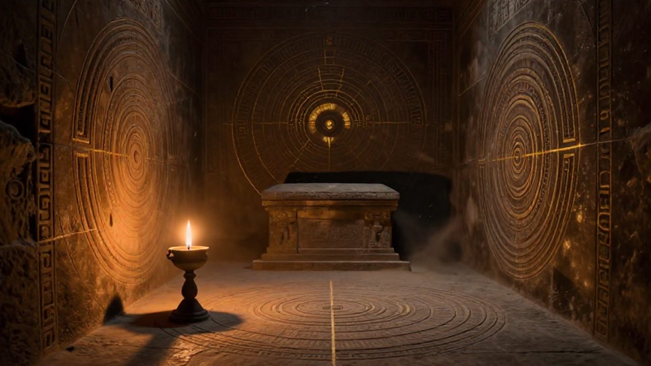 Cámara de entierro antigua con inscripciones de geometría sagrada y un sarcófago bajo la luz tenue de una lámpara de aceite.