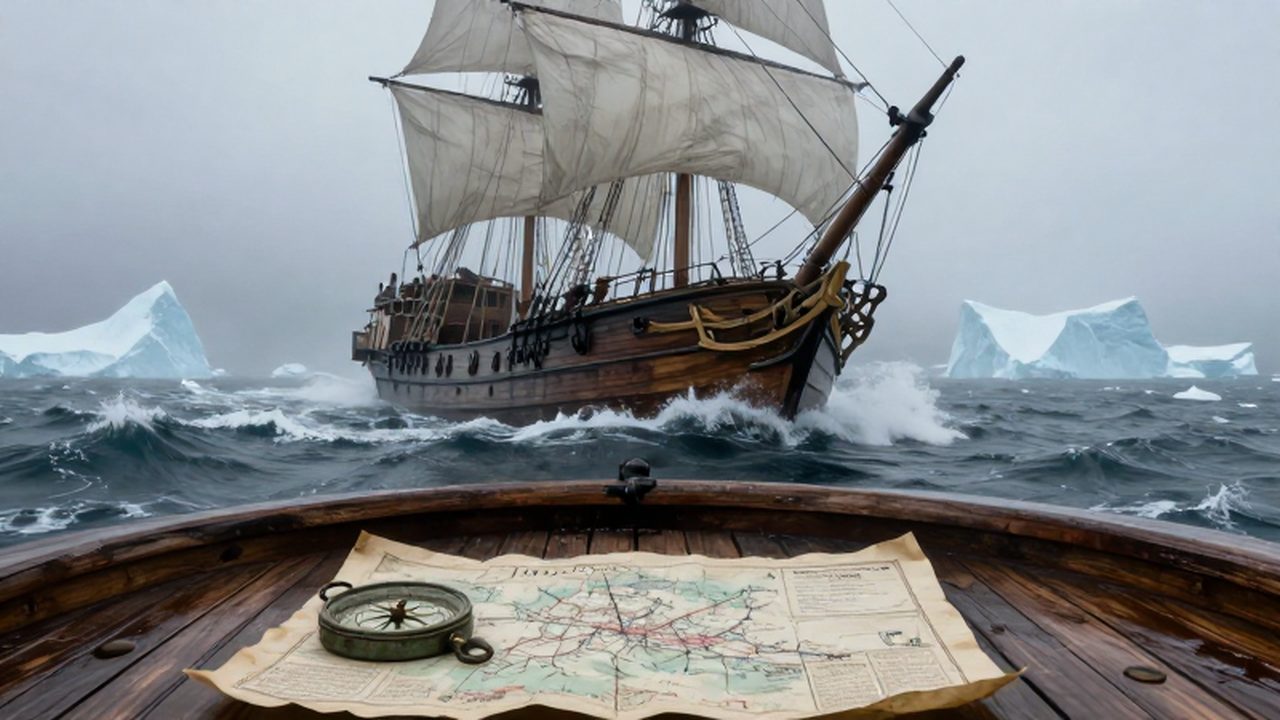 Barco de madera del siglo XVIII navegando entre aguas gélidas y niebla espesa rodeado de icebergs.