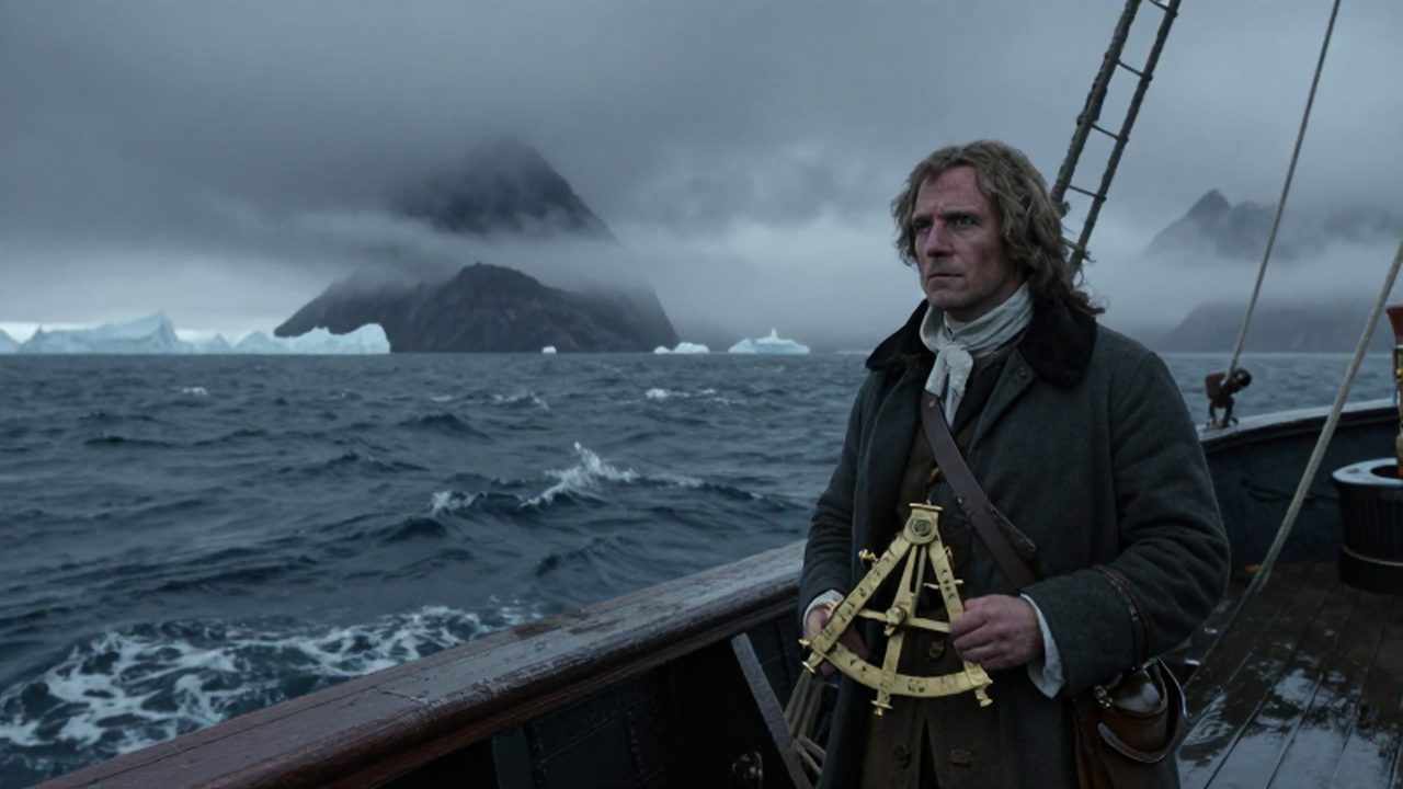 Explorador ruso del siglo XVIII observando el horizonte desde la cubierta de un barco entre olas turbulentas y la costa helada de Alaska.