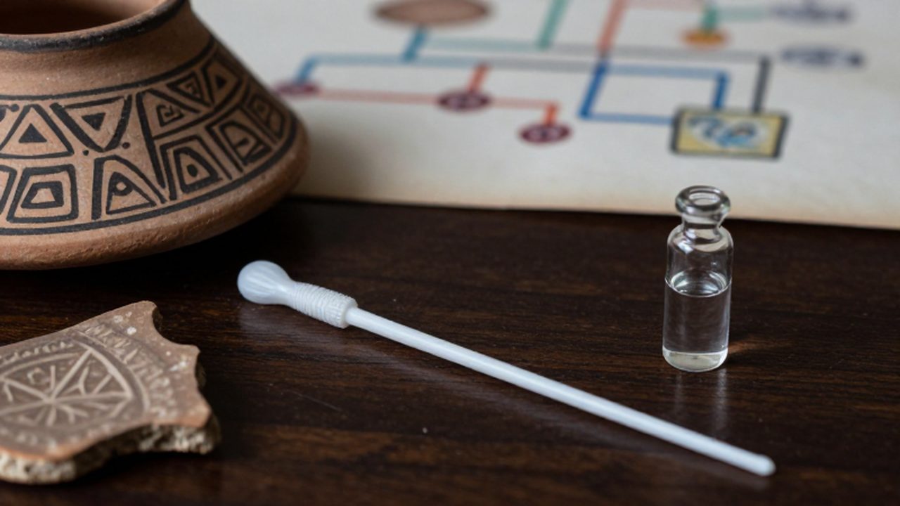 Kit de prueba de ADN junto a fragmentos de cerámica con patrones indígenas sobre una mesa de madera.