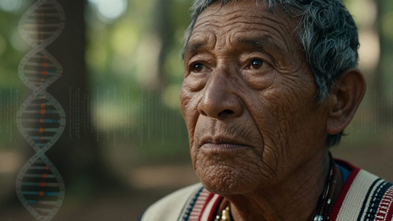 Retrato de una persona indígena anciana con mirada reflexiva y una sutil secuencia de ADN digital superpuesta al fondo.