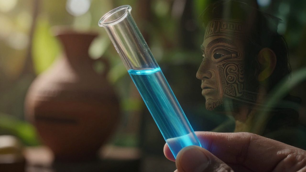 Mano sosteniendo un tubo de ensayo con ADN que se funde con la silueta etérea de una vasija indígena antigua entre luces de laboratorio y vegetación de selva.