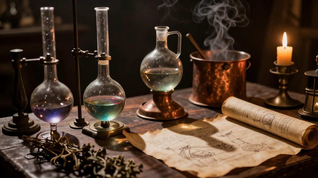 Mesa de trabajo de un alquimista medieval con frascos de vidrio antiguos, crisoles de cobre, pergaminos y hierbas secas bajo una luz tenue de velas.