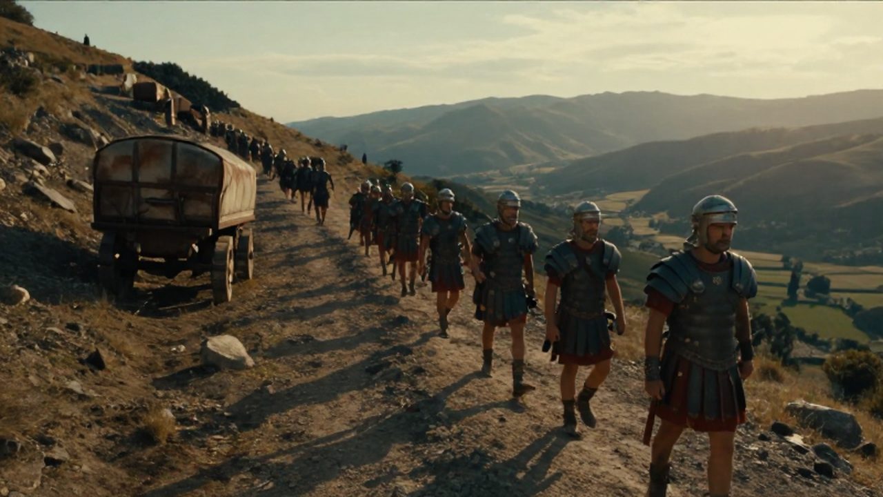 Legionarios romanos con armadura vigilando un estrecho paso de montaña bajo la luz del atardecer.