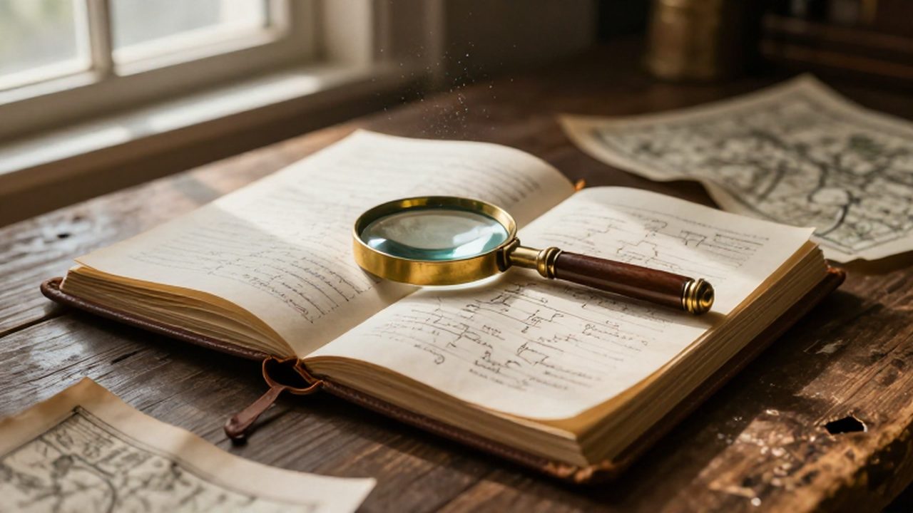 Lupa de latón sobre un registro genealógico antiguo y mapas históricos en una mesa de madera.
