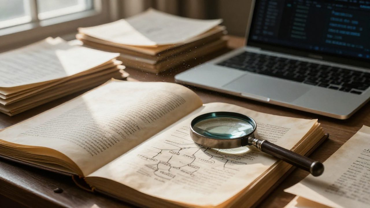 Pergamino antiguo con un diagrama de árbol genealógico superpuesto por capas digitales junto a un ordenador portátil y una lupa.