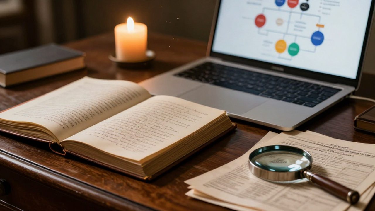 Escritorio antiguo con un diario de cuero abierto, documentos de censo sepia y un ordenador portátil que muestra un árbol genealógico digital bajo una luz cálida.