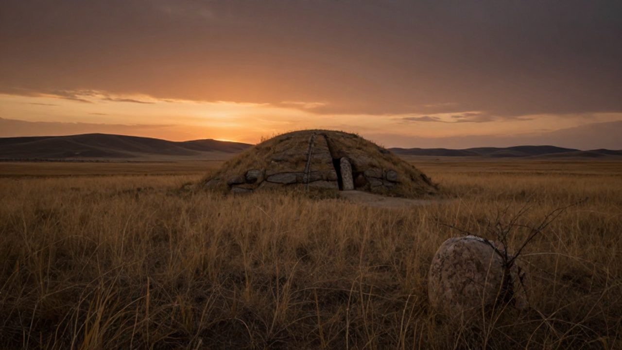 Montículo funerario Kurgan con una estela de piedra bajo un cielo dorado en la estepa euroasiática.