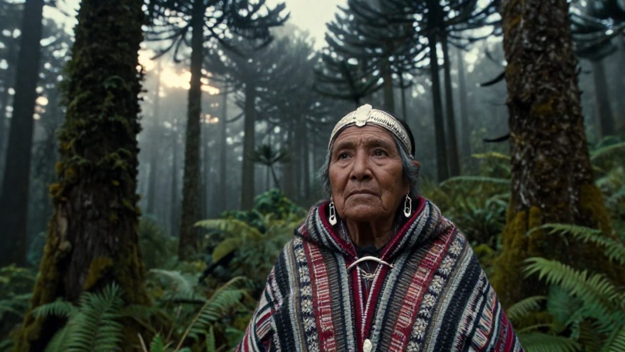 Mujer mapuche con vestimenta tradicional de plata y manta tejida frente a un bosque de araucarias bajo la neblina de la Araucanía.