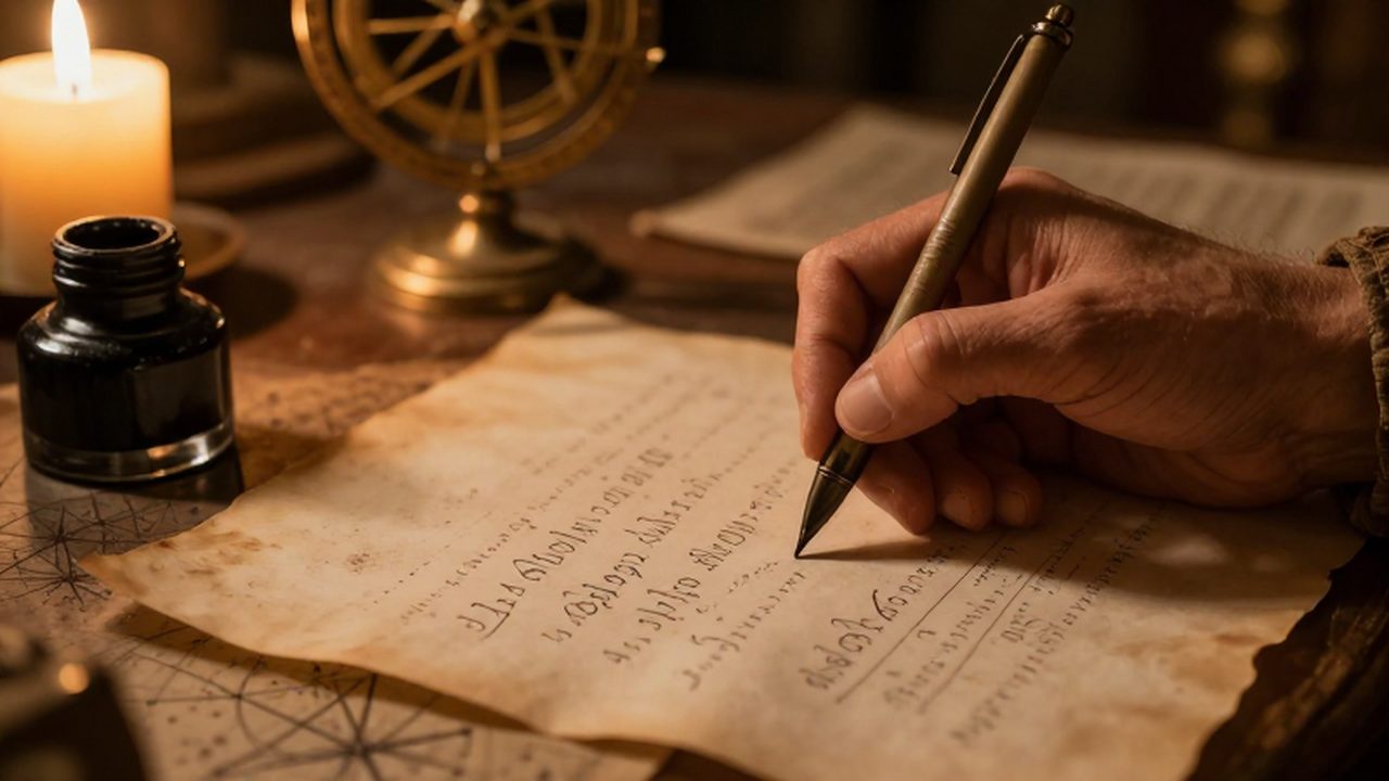 Mano de un erudito escribiendo ecuaciones algebraicas y números decimales con una pluma de caña sobre un pergamino antiguo junto a mapas astronómicos.