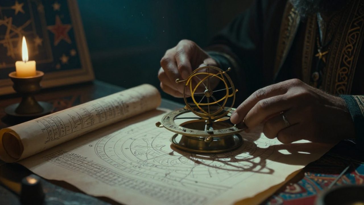 Manos de un estudioso medieval manipulando un astrolabio de latón sobre pergaminos con diagramas astronómicos árabes en un observatorio iluminado por luz de velas.