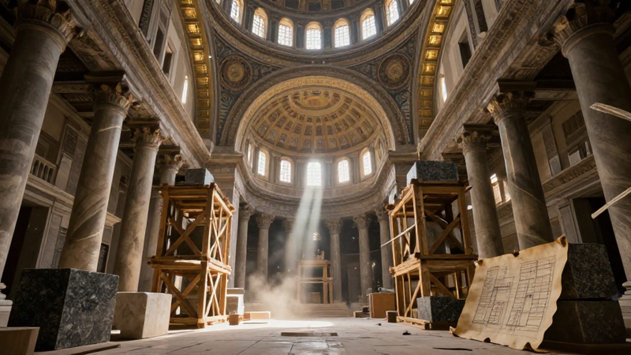 Obreros y andamios de madera trabajando en la construcción de las columnas y la cúpula de la basílica bajo la luz del sol.