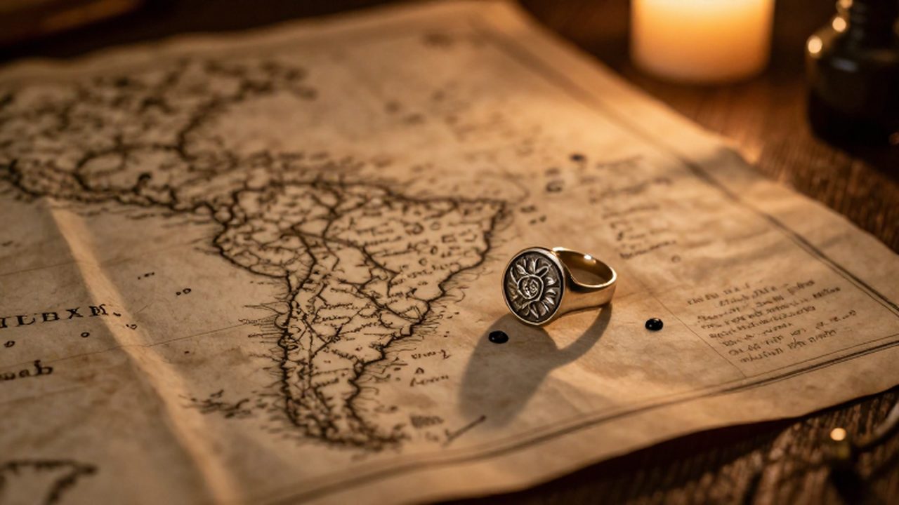 Mapa antiguo del territorio de Virginia sobre una mesa de madera con un anillo de sello de la rosa Tudor y gotas de tinta bajo la luz de una vela.