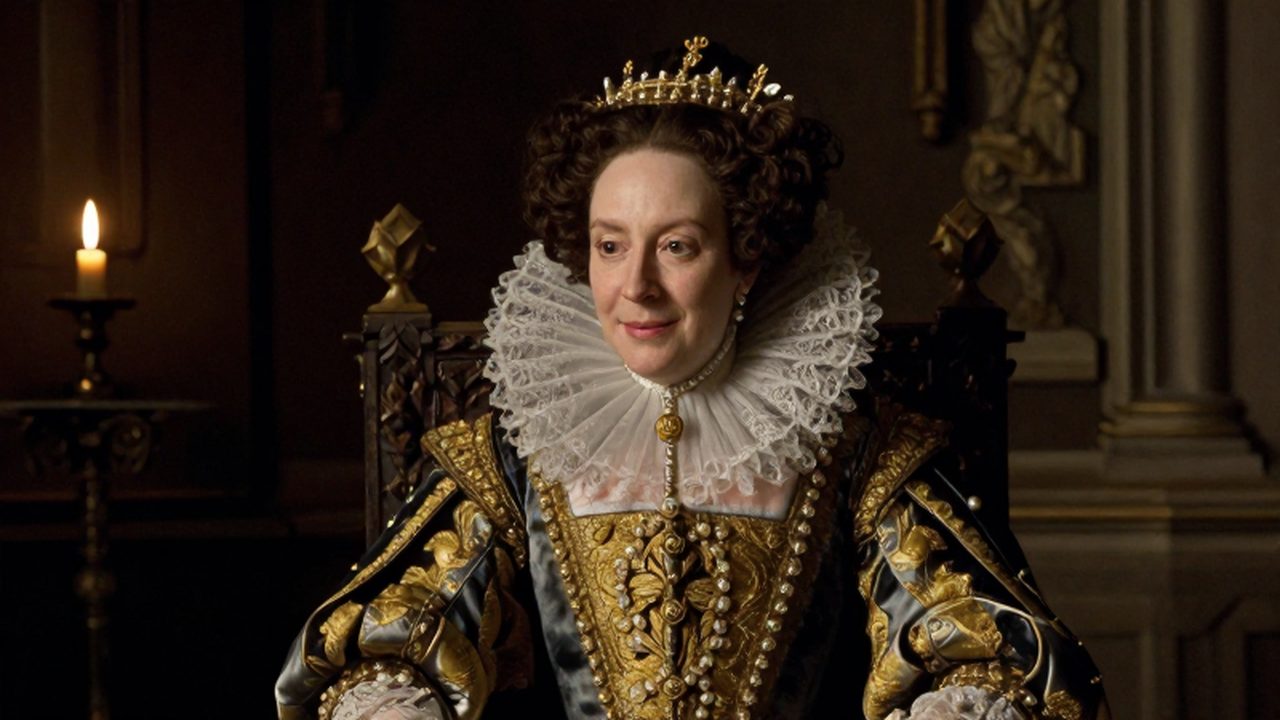 Retrato majestuoso de la reina Isabel I con vestido de estilo Tudor y detalles en oro y perlas sobre un fondo de cámara histórica en penumbra.