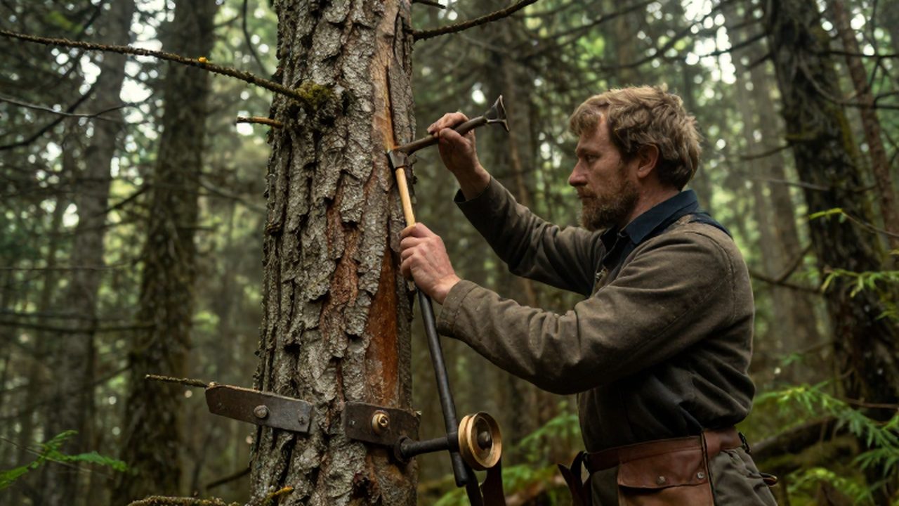 Leñador finlandés de principios del siglo XX marcando un árbol en un denso bosque patagónico con herramientas antiguas.