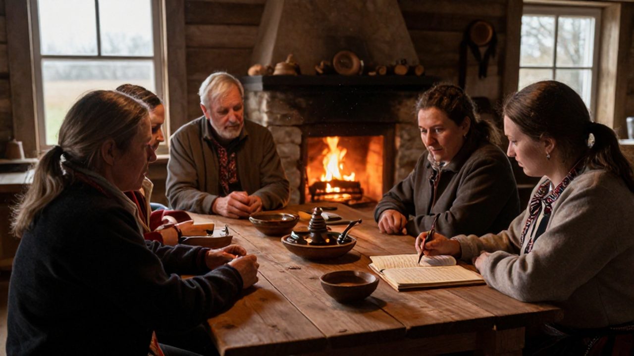 Grupo de inmigrantes finlandeses reunidos alrededor de una mesa rústica en una acogedora casa de campo argentina.