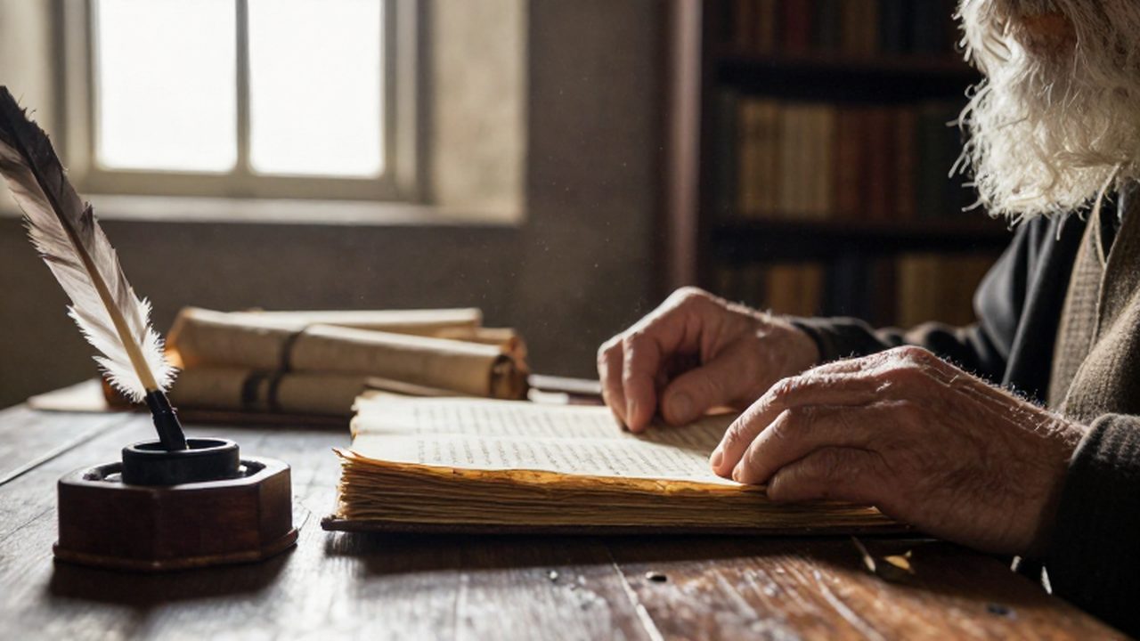 Manos de un erudito pasando con cuidado las páginas de un antiguo manuscrito de pergamino en un estudio iluminado por luz natural.