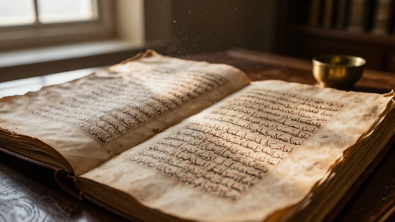 Primer plano de un antiguo manuscrito con caligrafía árabe sobre un escritorio de madera en una estancia iluminada por luz natural.