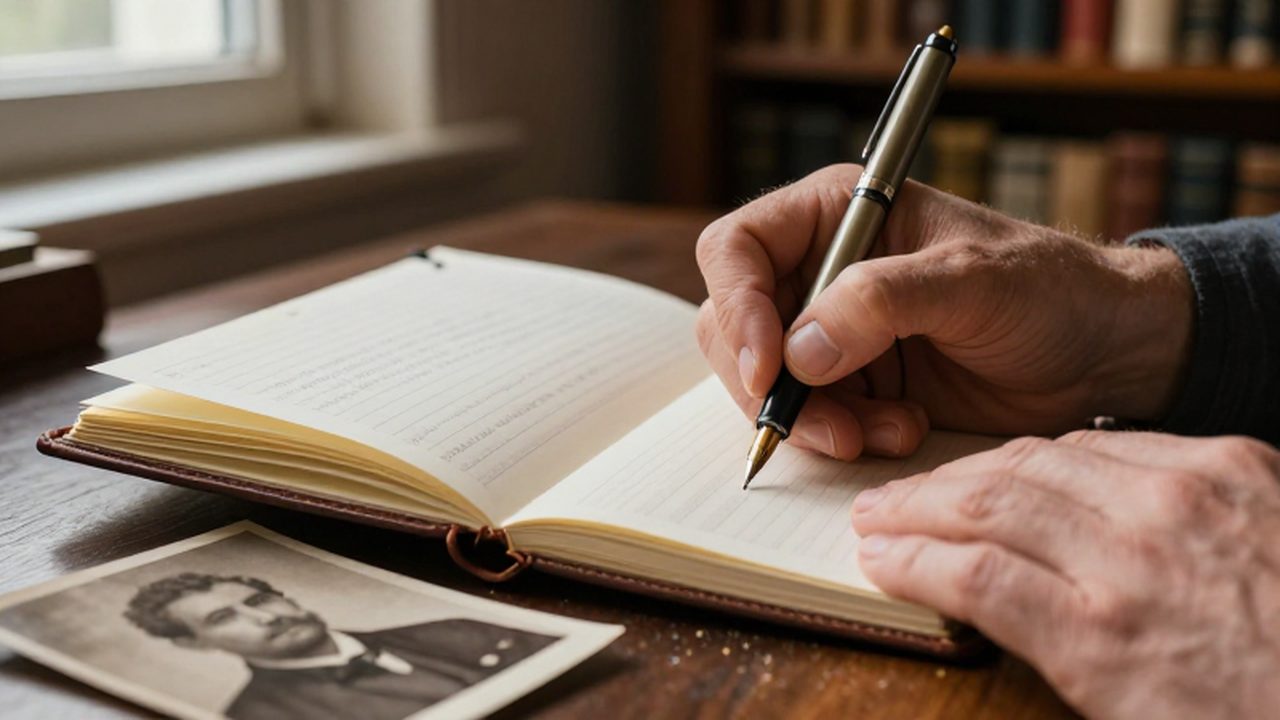Manos escribiendo notas biográficas en un cuaderno de cuero junto a una fotografía antigua de un antepasado.