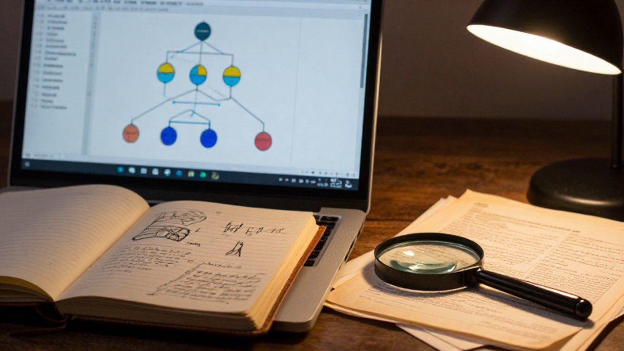 Pantalla de ordenador con un árbol genealógico digital junto a un cuaderno antiguo, documentos de pergamino y una lupa sobre un escritorio.