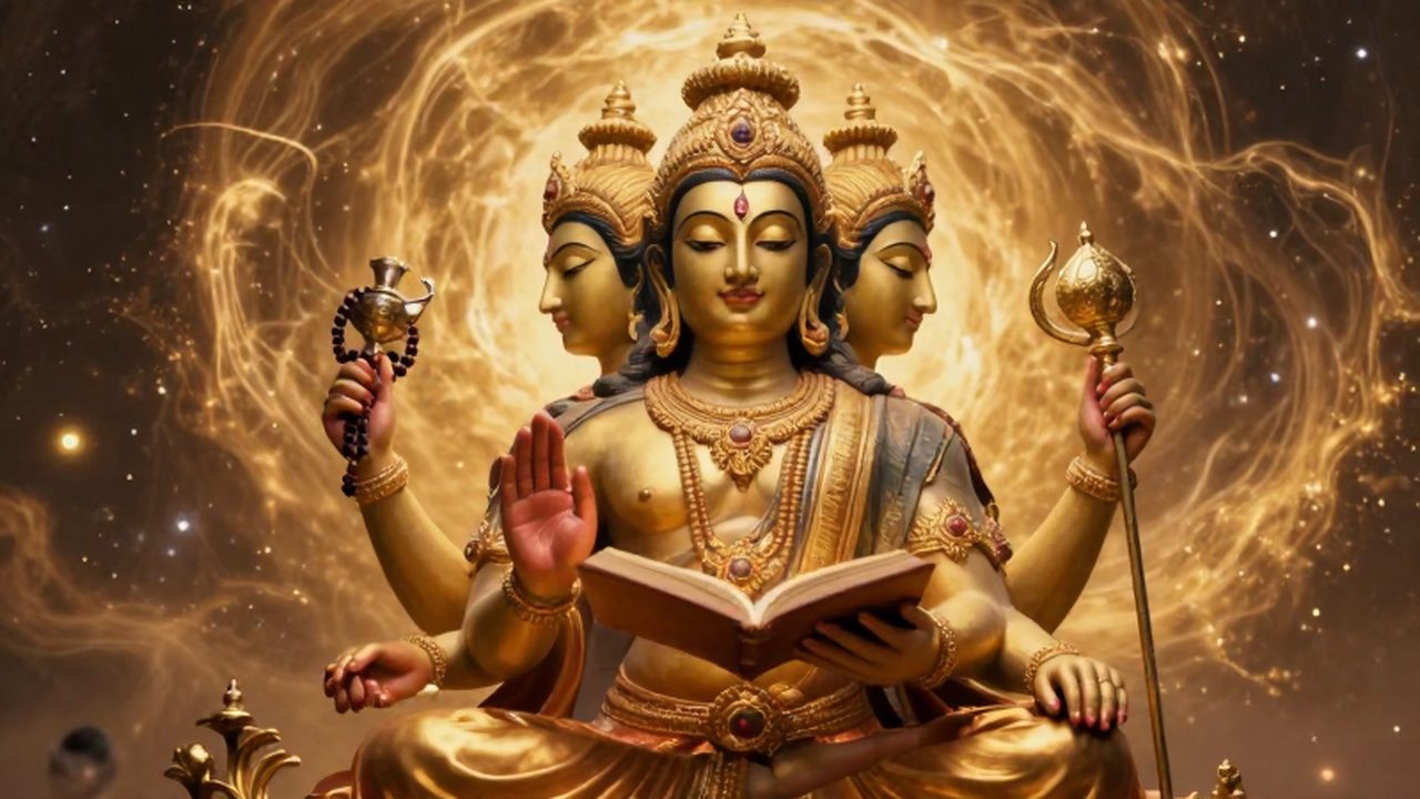 El dios hindú Brahma con cuatro rostros serenos y ornamentos dorados emerge de una nebulosa cósmica en una postura de meditación.