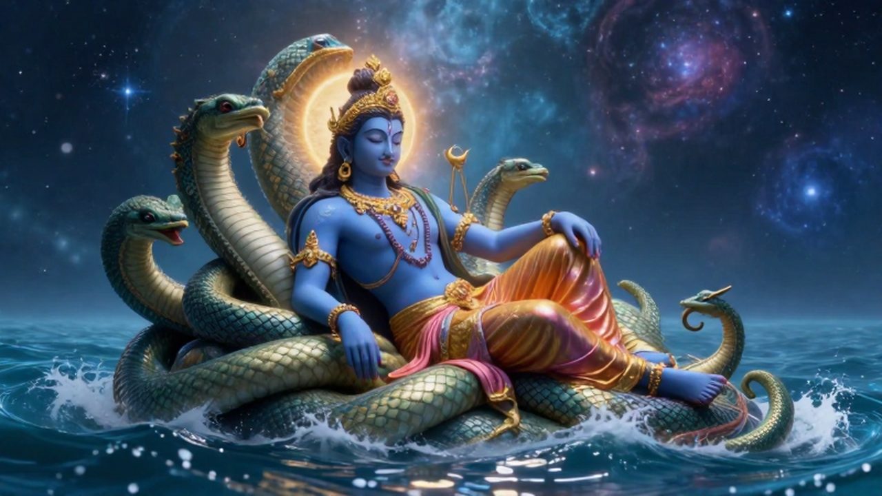 Deidad hindú Vishnu de piel azul descansando serenamente sobre una serpiente cósmica en medio de un océano místico bajo un cielo estrellado.