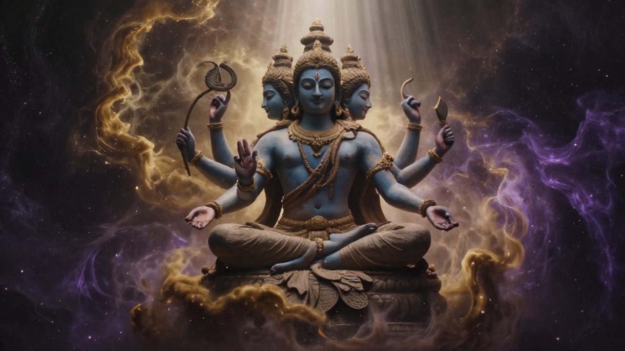 Representación divina de Brahma, Vishnu y Shiva emergiendo entre una nebulosa cósmica de luces doradas y azul profundo.