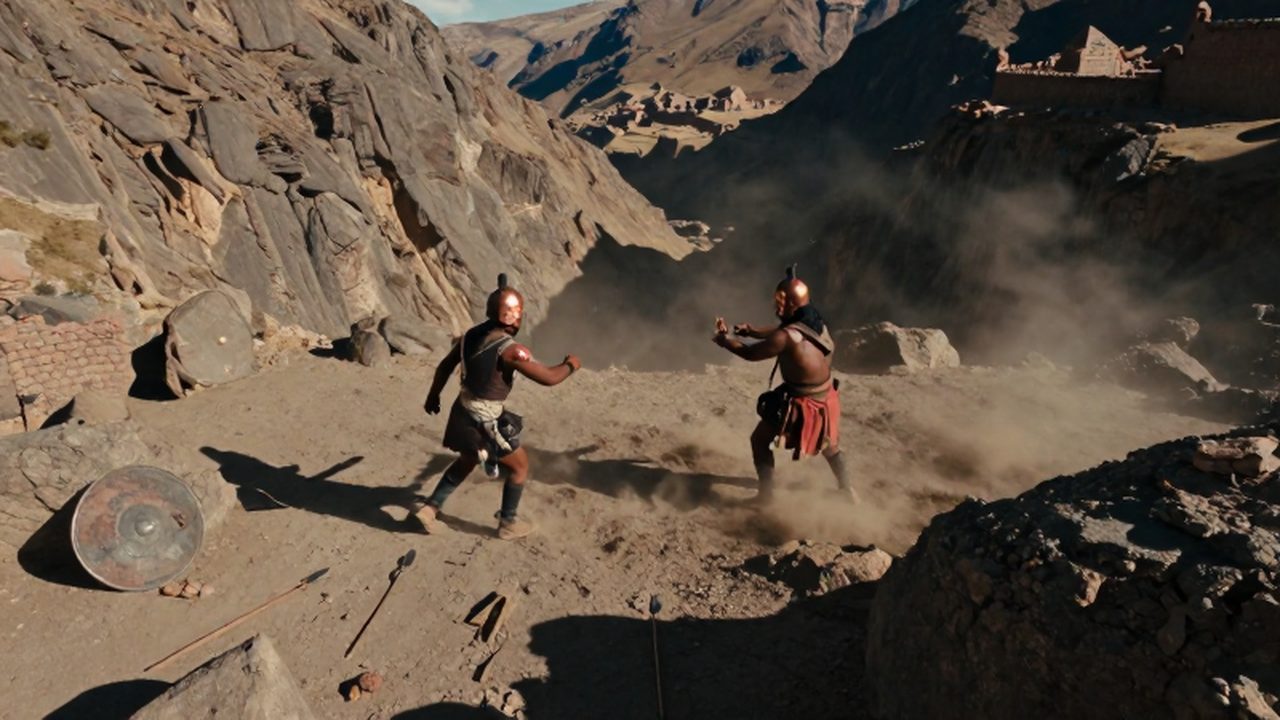 Guerreros de facciones rivales de la época preínca enfrentándose en un valle montañoso entre polvaredas y lanzas.