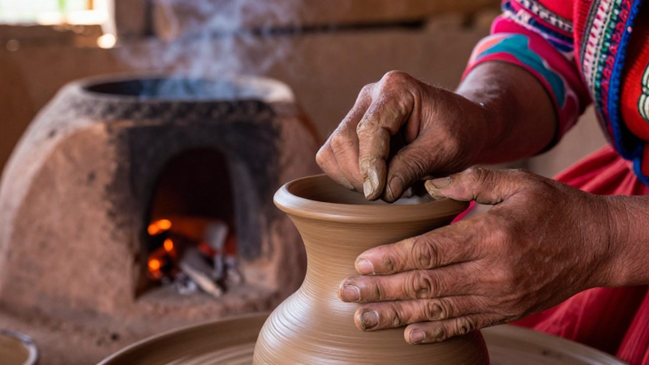 Manos de artesanos de distintas etnias modelando juntas una vasija de arcilla en un taller andino antiguo.