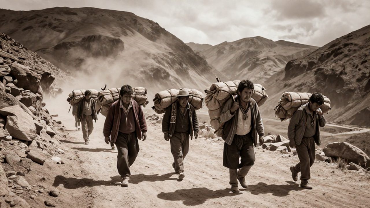 Grupo de viajeros andinos con vestimentas tradicionales cruzando un accidentado paso de montaña entre colosales montañas áridas.