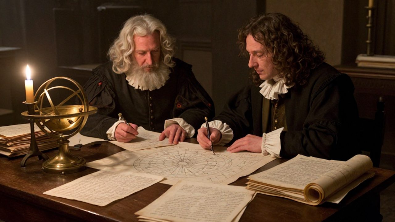 Johannes Kepler y Tycho Brahe consultan mapas estelares y astrolabios de latón bajo la luz de las velas en un estudio astronómico del siglo XVII.