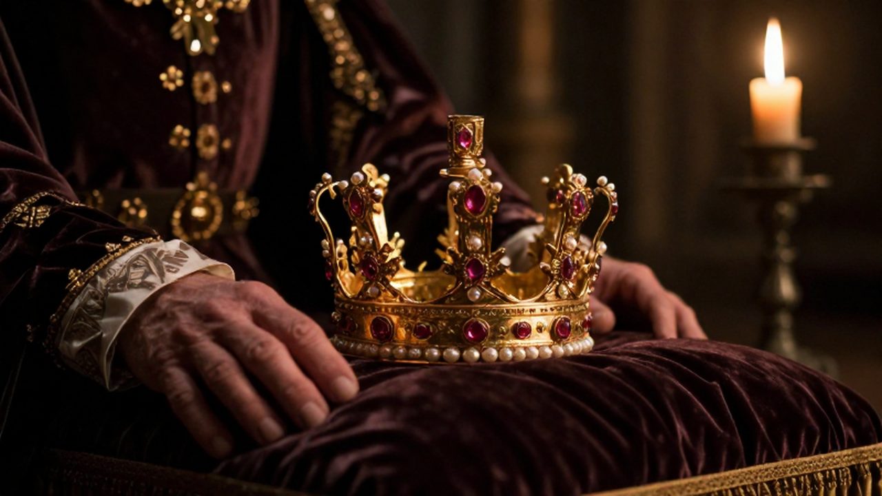 Corona de oro con rubíes y perlas sobre un cojín de terciopelo junto a unas manos reales en una estancia de estilo Tudor.