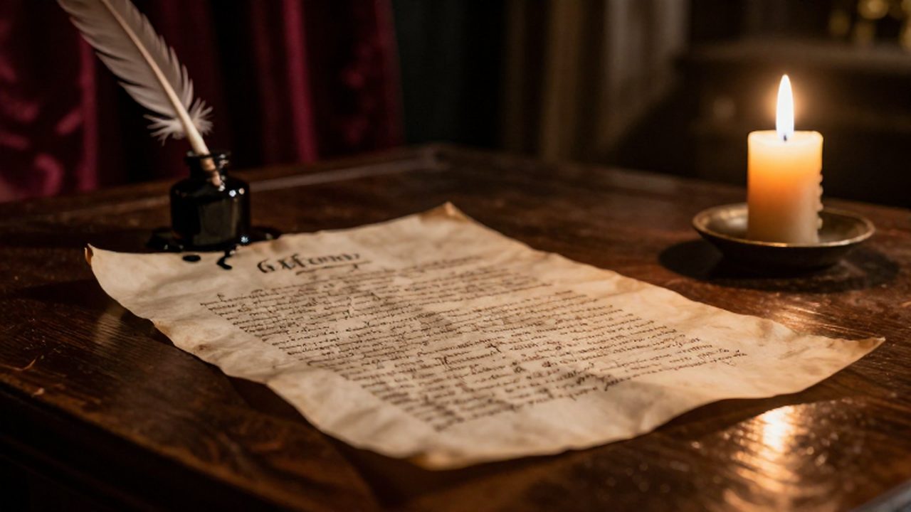 Parchamento antiguo con caligrafía elegante sobre un escritorio de madera junto a una pluma y una vela encendida en un estudio renacentista.
