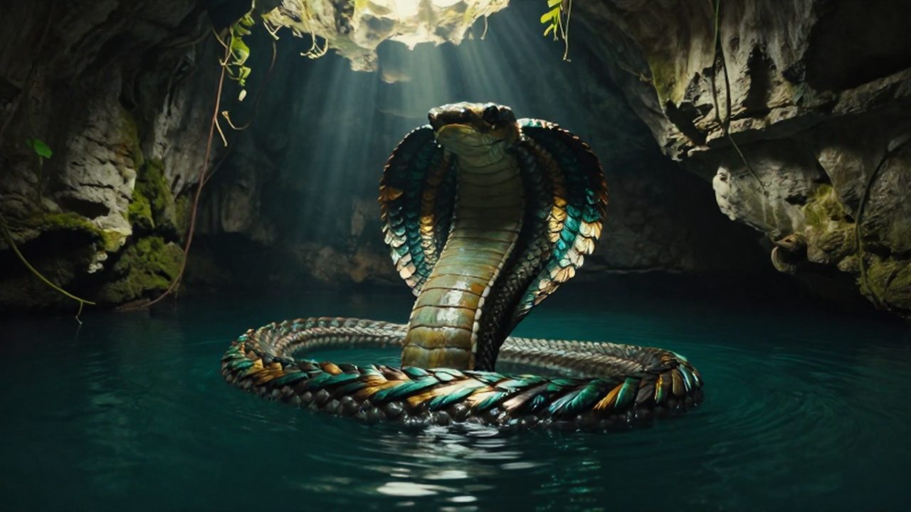 Serpiente emplumada Kukulkán emergiendo entre las aguas turquesas de un cenote rodeado de vegetación y rayos de luz solar.