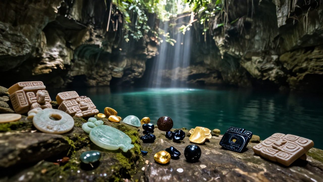 Ofrendas de jade, cerámica maya y fragmentos de obsidiana sobre las rocas junto al agua turquesa de un cenote en la selva.
