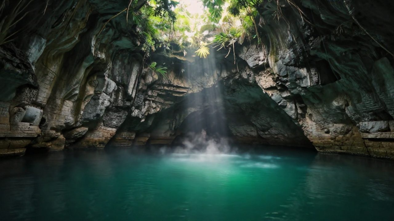 Vistas panorámicas del Cenote Sagrado de Chichén Itzá con aguas turquesas rodeadas de vegetación tropical y rayos de luz filtrándose entre las rocas de piedra caliza.