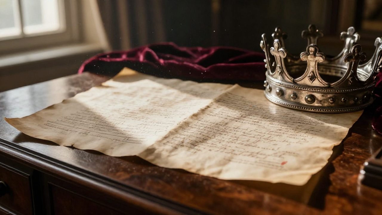 Escritorio de caoba antigua con pergaminos de genealogía caligrafiados y una corona de plata bajo una luz tenue y dramática.