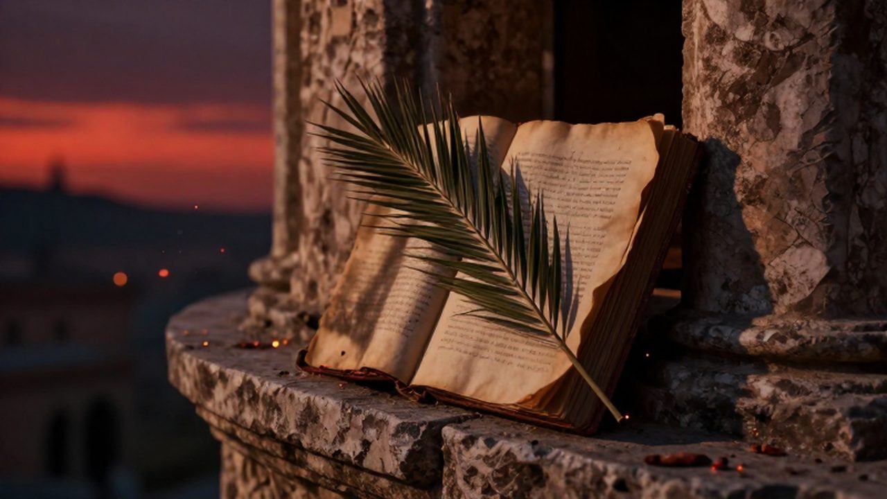 Palma seca sobre un libro antiguo en un balcón de piedra bajo la luz rojiza del atardecer.