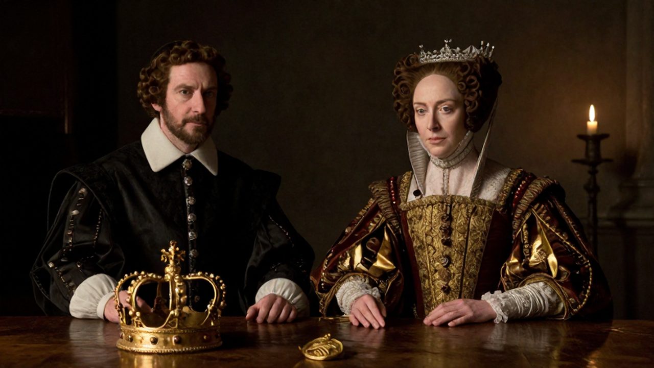 Retrato solemne de Enrique VIII y Ana Bolena con vestimentas reales de terciopelo y detalles dorados junto a una corona sobre una mesa de madera.