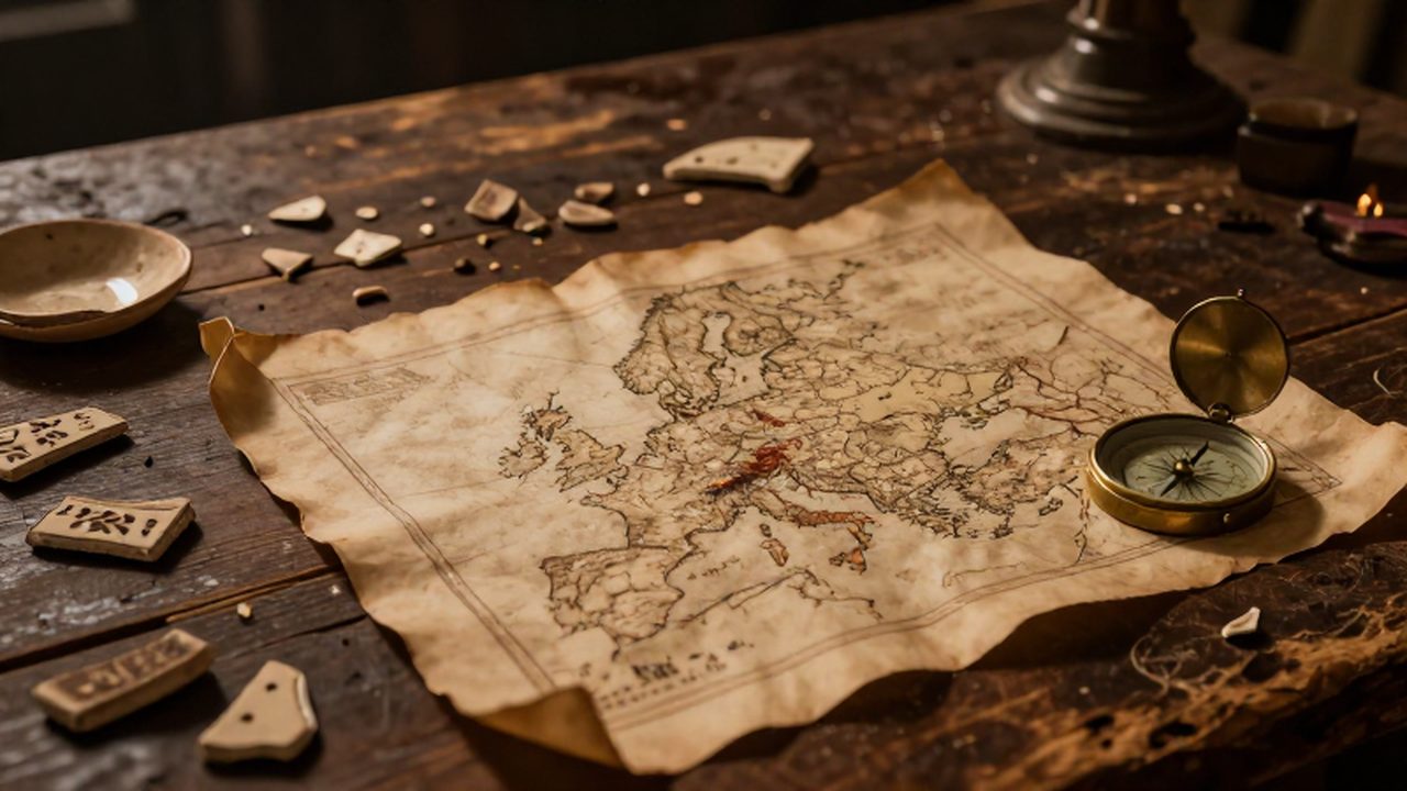 Mapa antiguo de Europa central y oriental sobre una mesa de madera con fragmentos de cerámica eslava y una brújula de bronce a la luz de las velas.