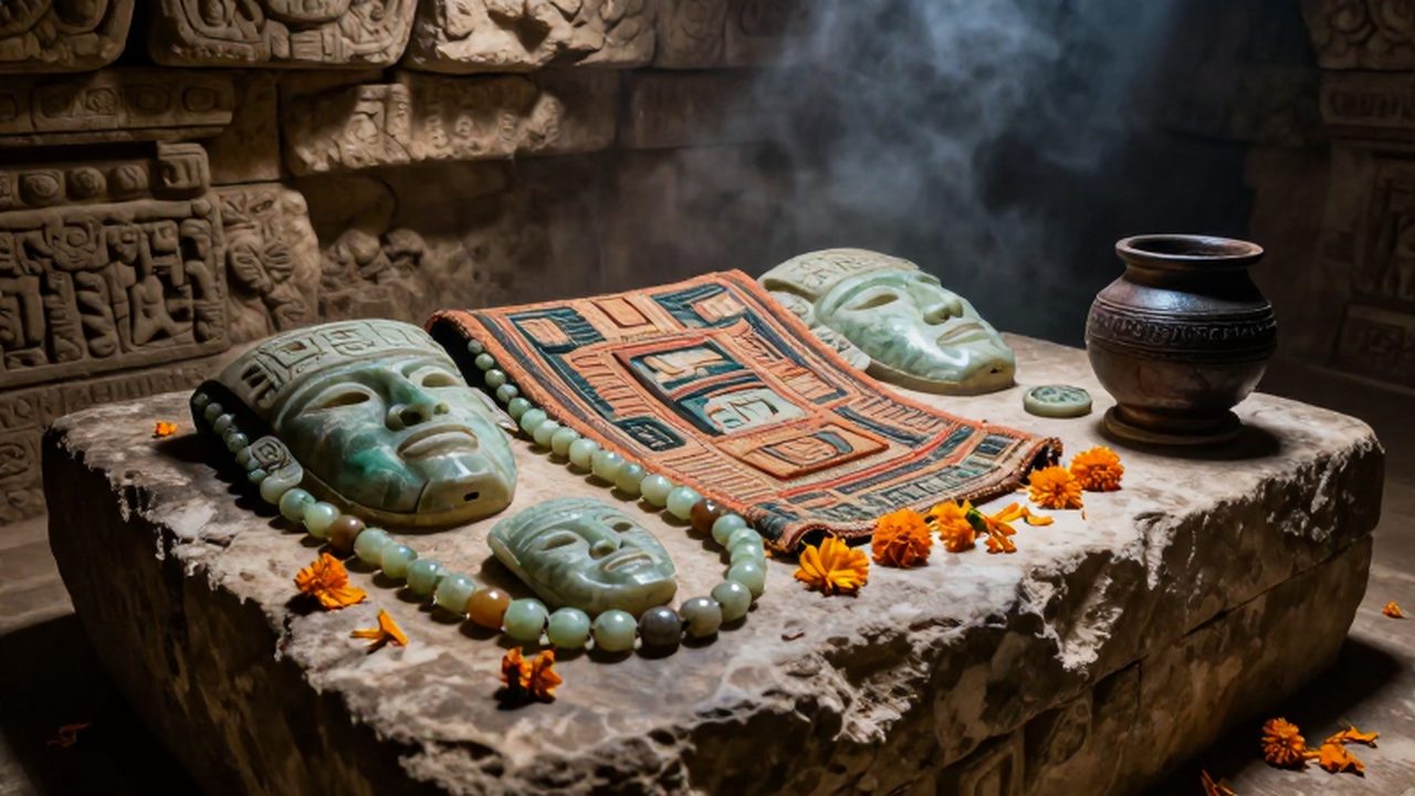 Ofrenda funeraria maya con máscaras de jade, cuentas de piedra preciosa y pétalos de cempasúchil sobre un altar de piedra en una tumba antigua.